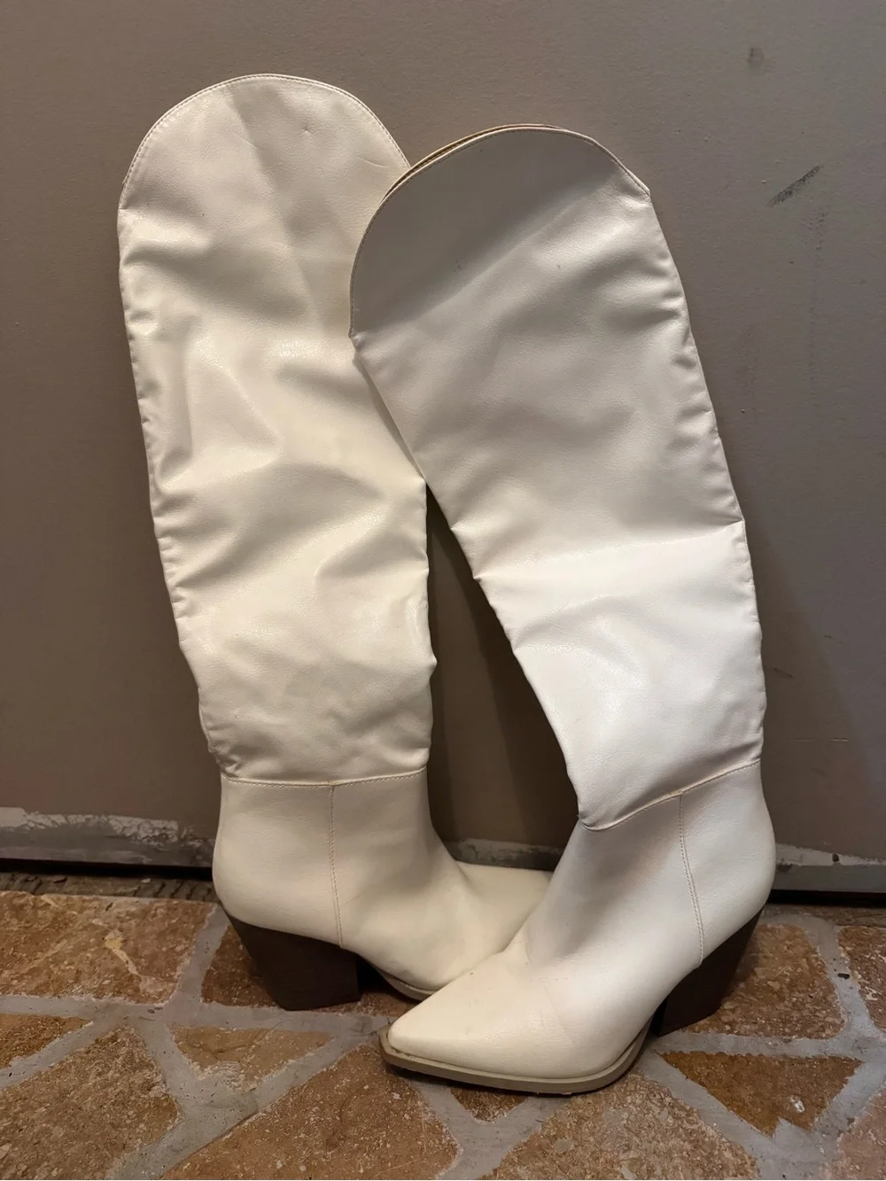 White Knee-High Western Boot with Stacked Heel